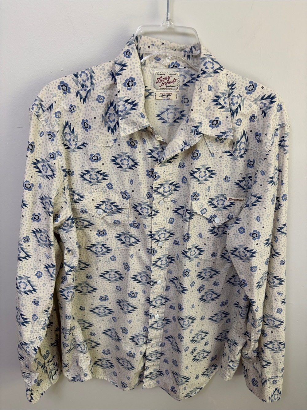 Lucky Brand Men’s Western Pearl Snap Shirt Aztec Geometric Blue Large L